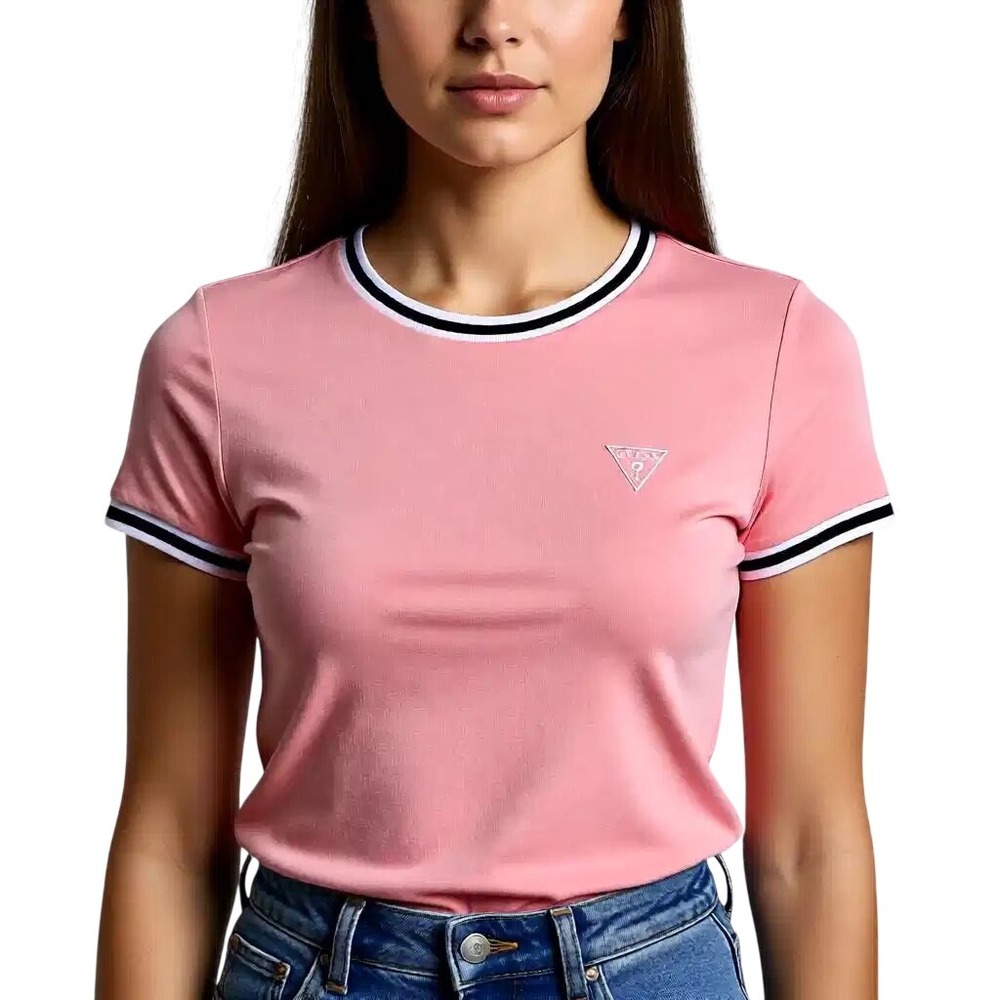 Guess Los Angeles Pink Ringer T-Shirt Women Embroidered Logo Striped Trim Sm NWT